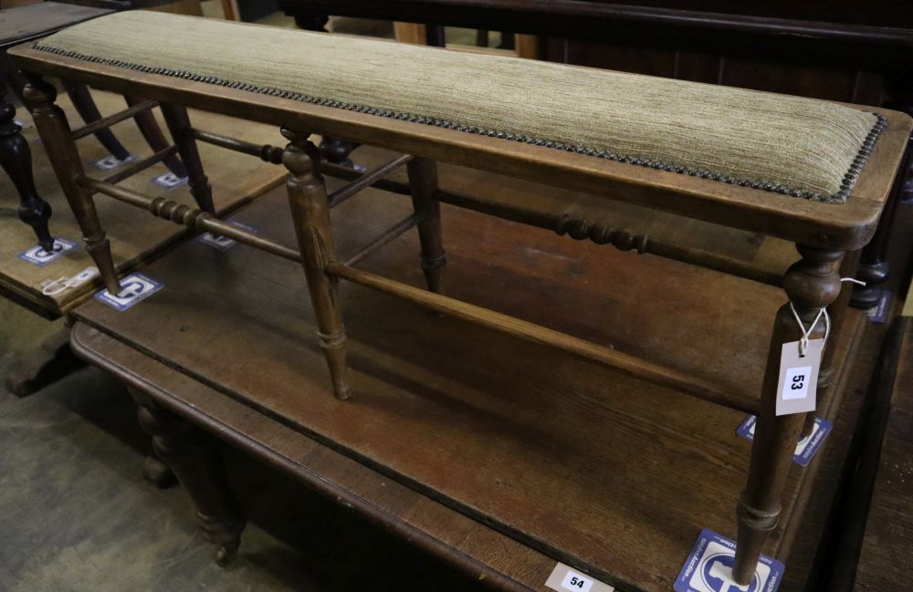 A Victorian beech window seat, width 121cm depth 26cm height 44cm